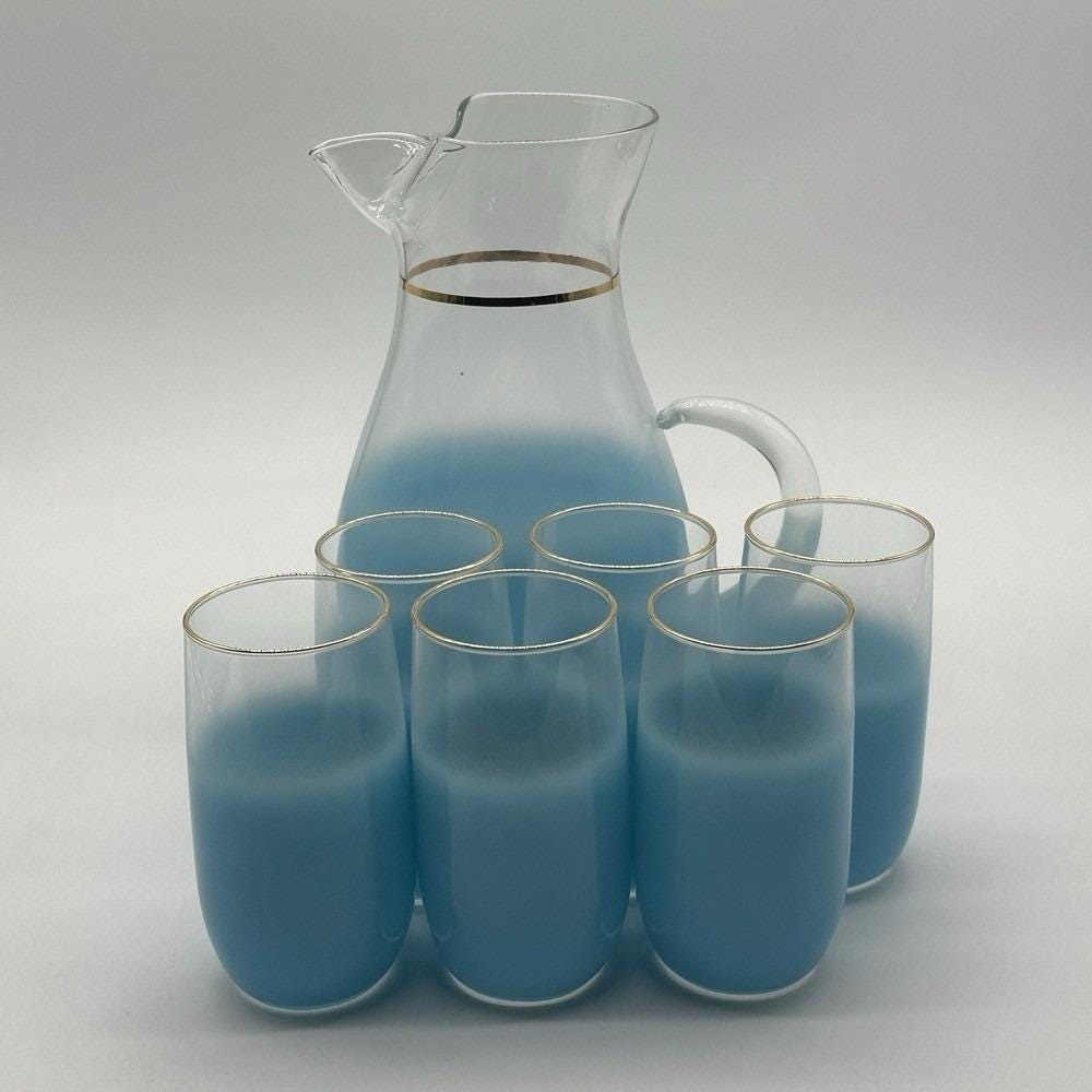 Vintage West Virginia Glass Aqua Blue Blenko Glass Pitcher & 6 Glasses Gold Trim
